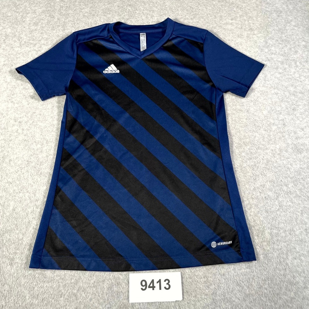Adidas Aeroready Entrada 22 Jersey Womens Small Black Blue Striped Logo V Neck